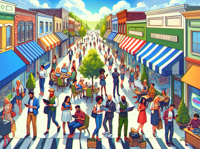 A vibrant digital painting of a bustling small town main street where diverse small business owners are using smartphones and laptops to enhance their shops with digital marketing tools such as social