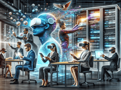 An animated digital artwork showing a bustling small business office transforming with advanced technology, featuring diverse employees using virtual reality headsets and digital tablets, with a backg