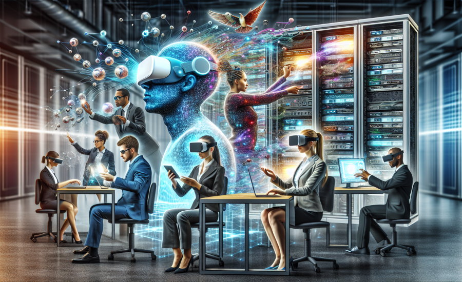 An animated digital artwork showing a bustling small business office transforming with advanced technology, featuring diverse employees using virtual reality headsets and digital tablets, with a backg
