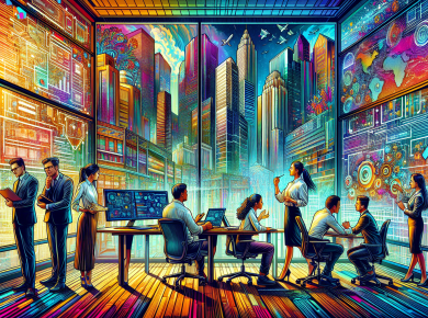 A vibrant, modern digital illustration of a bustling small business office, where diverse entrepreneurs are engaged in a brainstorming session with IT consultants who are presenting tech solutions on