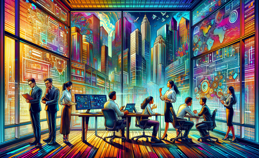 A vibrant, modern digital illustration of a bustling small business office, where diverse entrepreneurs are engaged in a brainstorming session with IT consultants who are presenting tech solutions on
