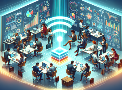 An intricate digital illustration of a bustling small business office where diverse entrepreneurs are seamlessly using various wireless devices like smartphones, laptops, and tablets connected to a la