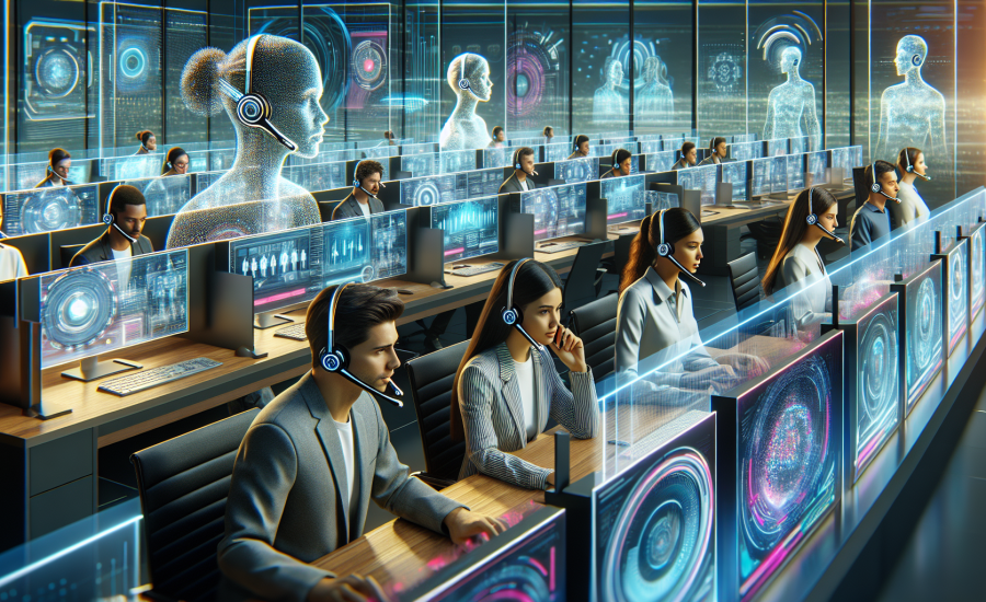 A futuristic office filled with diverse employees using advanced VoIP headsets and multi-screen computer setups, with digital data streams and holographic displays of communication technology in a sle