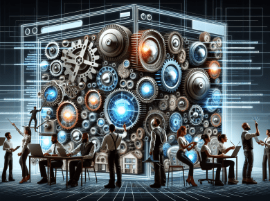 An illustration of a website represented as a complex machine with gears and cogs, being continuously polished and repaired by a diverse team of web developers and engineers wearing futuristic outfits